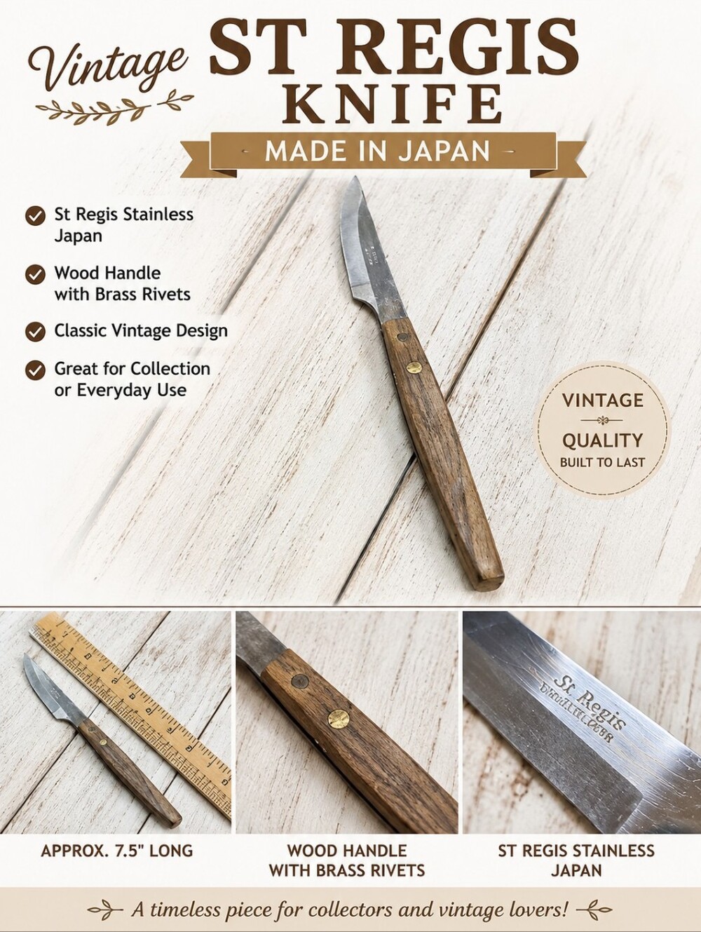 Vintage St. Regis Stainless Japan Paring Knife Wood Handle 7.5" Kitchen Knife